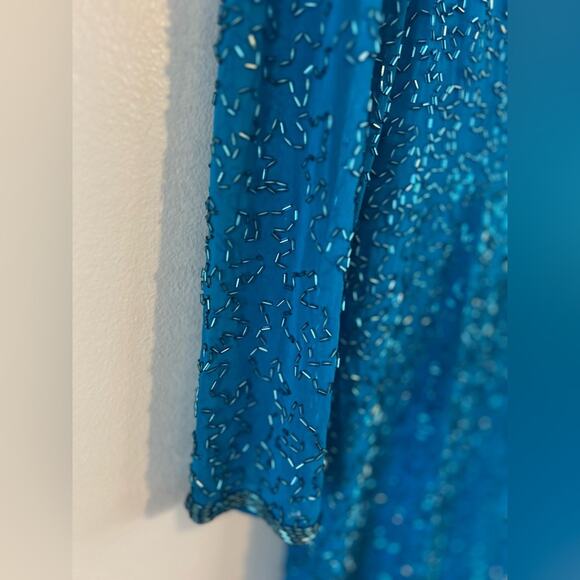 AJ Bari Petites Beaded Teal Evening Dress Long Sleeve Size 6P - Picture 4 of 10